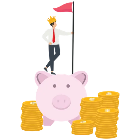 Businessman wears a crown holding flag stands on a piggy bank  Illustration