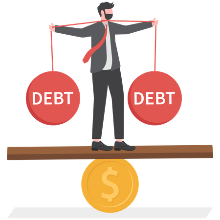 Businessman weighing between huge debts and income  Illustration