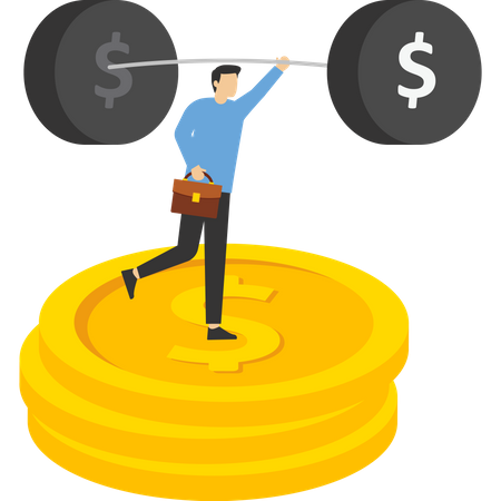 Businessman weights money on piles of huge income  Illustration