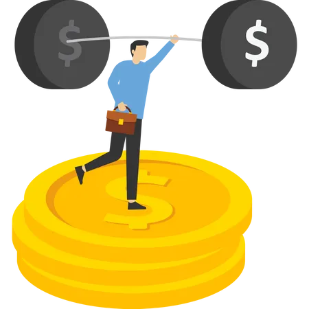 Businessman weights money on piles of huge income  Illustration