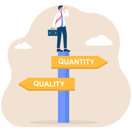 Businessman who are confused about choosing quality or quantity direction boards  Illustration