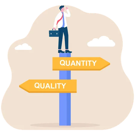 Businessman who are confused about choosing quality or quantity direction boards  Illustration