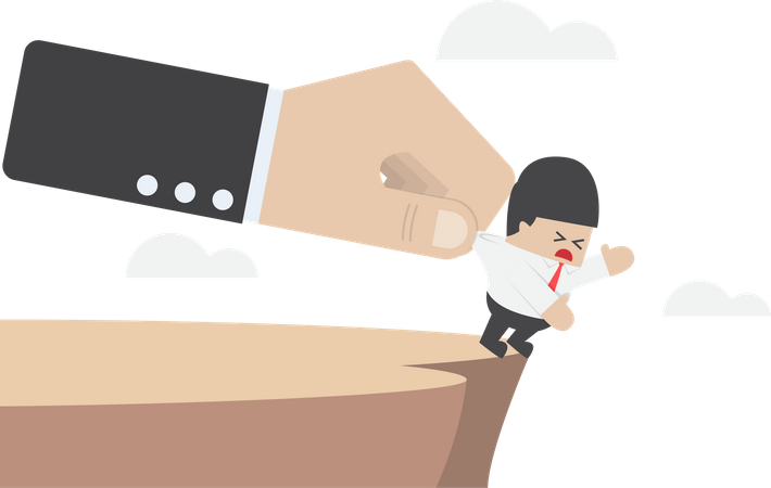 Businessman who falling from cliff being helped by big hand  イラスト