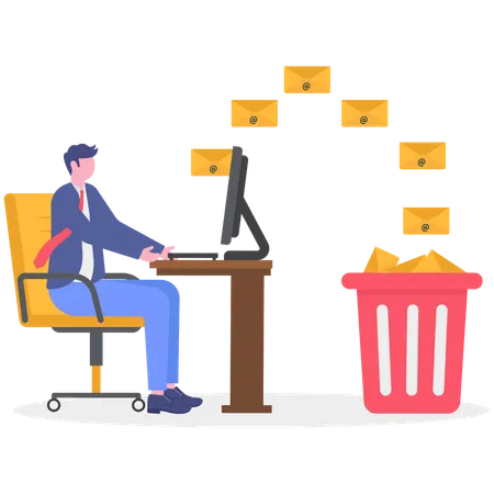 Businessman who takes spam emails to the trash  Illustration