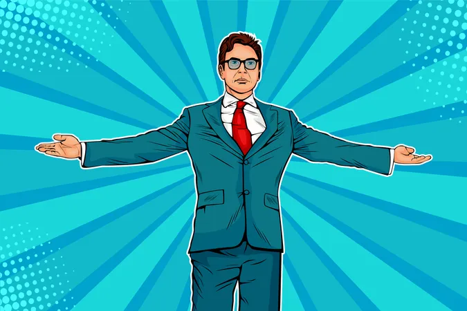 Businessman widely spread his arms as a winneer. Meeting other people. Domination and showing of success.  Vector illustration in pop art retro comic style Illustration