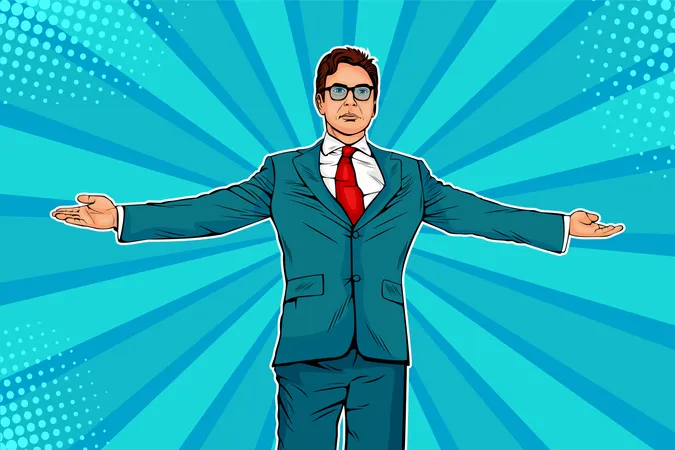 Businessman widely spread his arms as a winneer. Meeting other people. Domination and showing of success.  Vector illustration in pop art retro comic style  Illustration