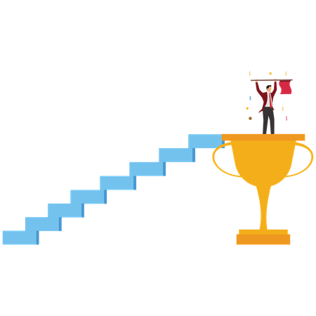 Businessman will hold a flag on victory trophy  Illustration