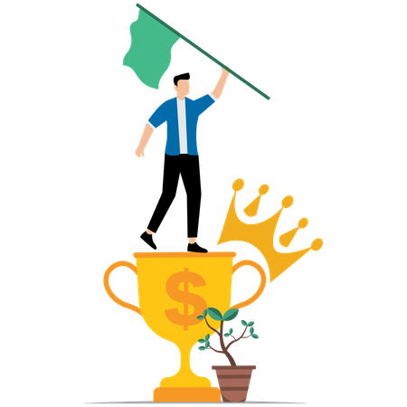 Businessman winner raising flag on trophy  Illustration