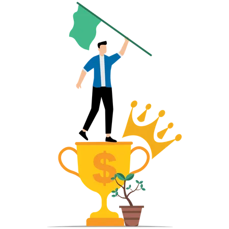 Businessman winner raising flag on trophy  Illustration