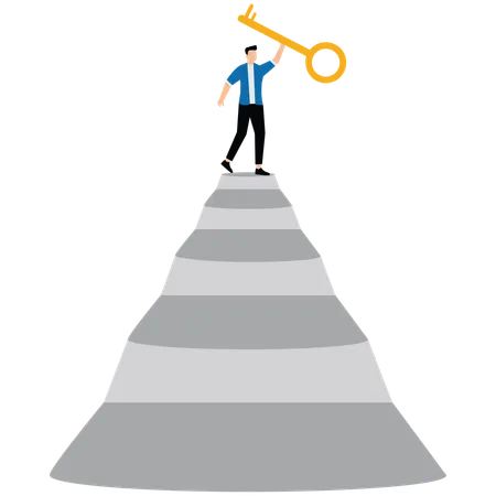 Businessman winner walk up to top of stairway lifting golden success key to the sky  Illustration