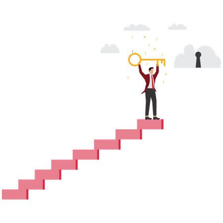 Businessman winner walks up to top of stairway lifting golden success key to sky  Illustration