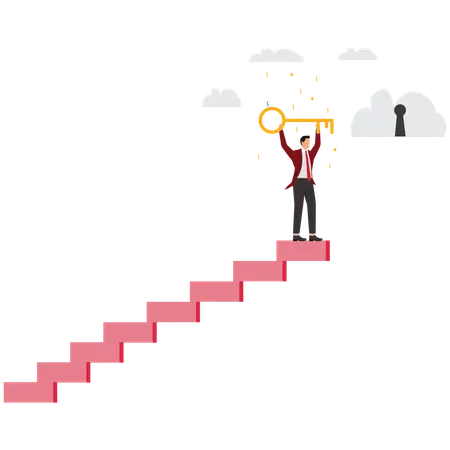 Businessman winner walks up to top of stairway lifting golden success key to sky  Illustration
