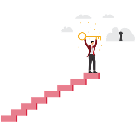 Businessman winner walks up to top of stairway lifting golden success key to sky  Illustration
