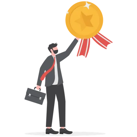 Employee Of The Month Great Manager Or Successful Staff Winning Award Staff Appreciation Or Best Office Worker Concept Successful Businessman Manager Celebrating Employee Award Illustration