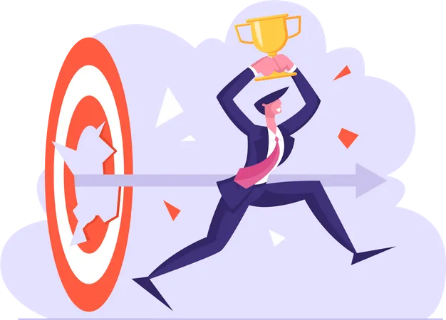 Successful Businessman With Gold Cup In Hands Breakthrough Huge Target Business Goals Achievement Aims Mission Opportunity Challenge Task Solution Business Strategy Cartoon Flat Vector Illustration Illustration
