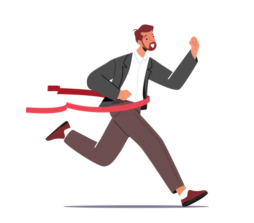 Cheerful Business Man In Formal Suit Cross Finish Line Of Racing Track Businessman Characters Winner In Competition Career Success Win Corporate Challenge Leadership Cartoon Vector Illustration Illustration