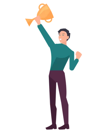 Businessman Or Clerk Standing With Cup In Hand Man Wins Award Victory In Competition Business Planning And Development For Success Employee Holds Gold Prize As Symbol Of Victory In Business Illustration
