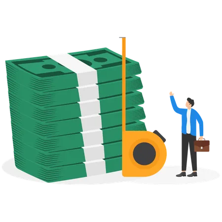 Businessman with a briefcase stand near a high stack dollar bills income growth or big jackpot  Illustration