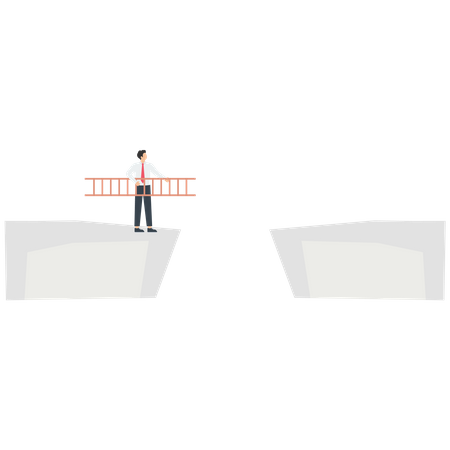 Businessman with a ladder stands on a cliff  Illustration