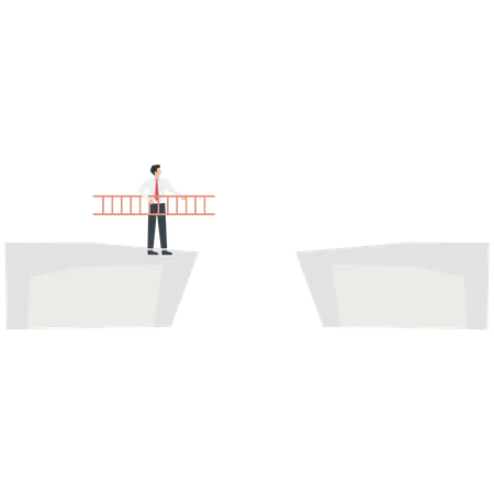 Businessman with a ladder stands on a cliff  イラスト
