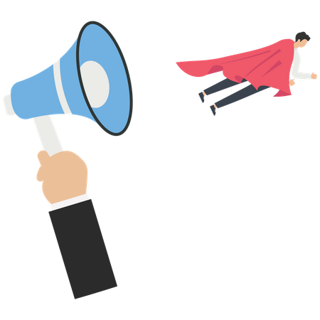 Businessman with a red cape flying from a megaphone  Illustration