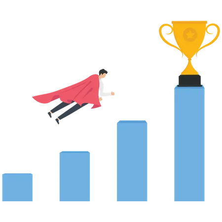 Businessman with a red cape flying to a trophy on the top of the graph graph  Illustration