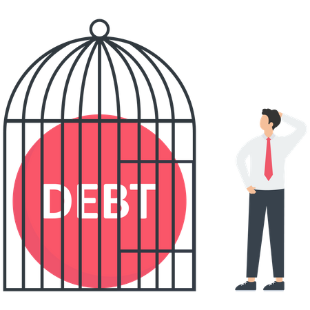 Businessman with a red debt ball in the cage  Illustration