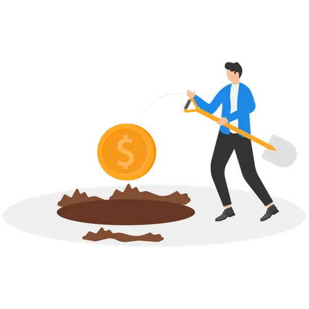 Businessman with a shovel digs money into the ground  Illustration