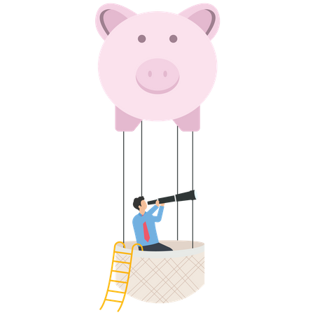 Businessman with a telescope in piggy bank balloon  Illustration