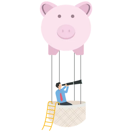 Businessman with a telescope in piggy bank balloon  Illustration