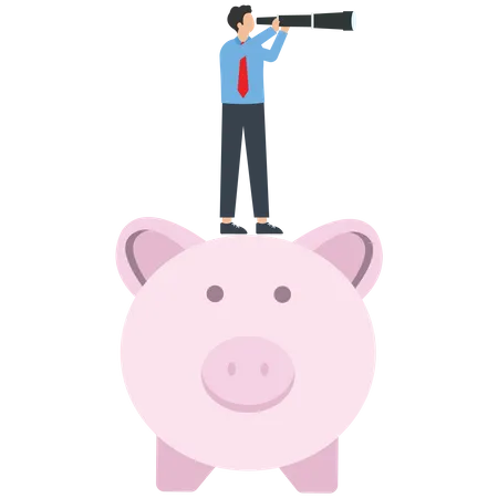 Businessman with a telescope on a piggy bank  Illustration