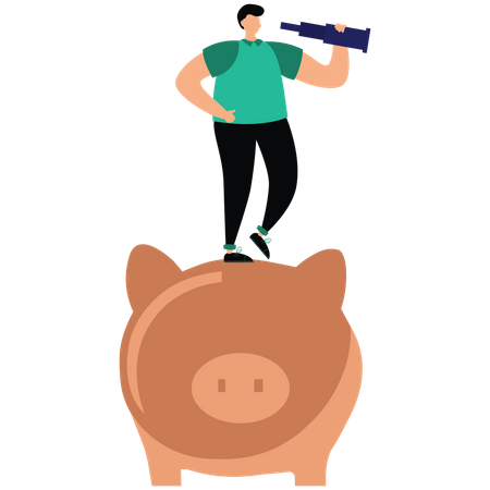 Businessman with a telescope on a piggy bank  Illustration