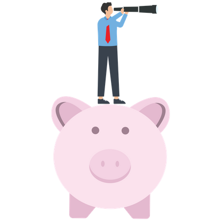 Businessman with a telescope on a piggy bank  Illustration