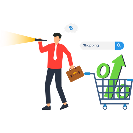 Businessman with a Telescope Searching for Shopping Deals and Percentages in a Shopping Cart  Illustration