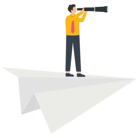 Businessman with a telescope standing on a paper airplane  Illustration