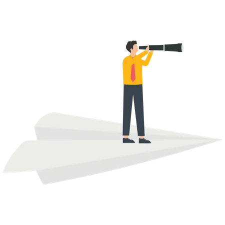 Businessman with a telescope standing on a paper airplane  イラスト