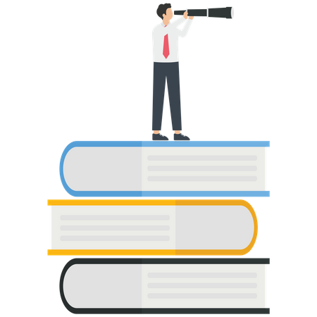 Businessman with a telescope standing on a stack of book  イラスト