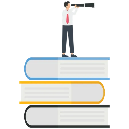 Businessman with a telescope standing on a stack of book  イラスト