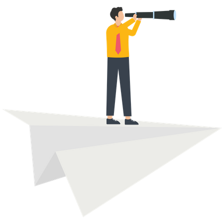 Businessman with a telescope standing on a paper airplane  Illustration