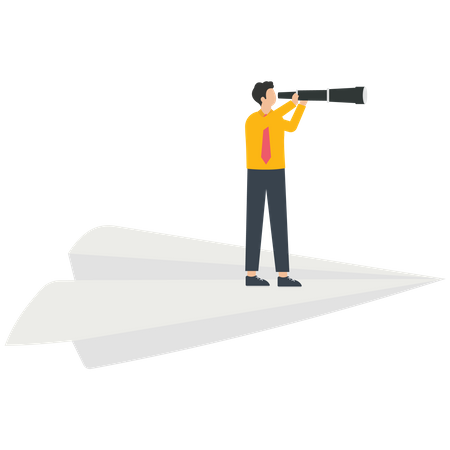 Businessman with a telescope standing on a paper airplane  Illustration