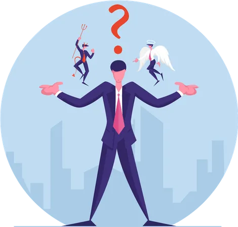 Businessman With Angel And Devil Sitting On Shoulders Whispering In His Ear And Question Mark Above Head Entrepreneur Have Moral Dilemma Making Complicated Decision Cartoon Flat Vector Illustration Illustration