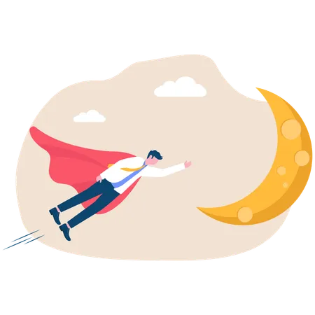 Businessman with angel wings flies to moon  Illustration