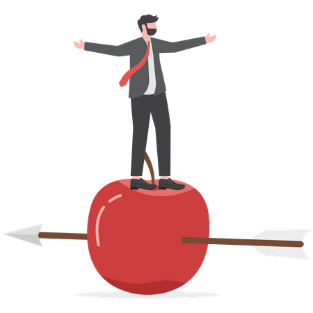 Businessman with archer standing on apple hit by his accurate arrow  Illustration