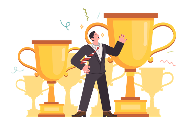 Businessman with award cups received for victories in professional competitions and competitions  Illustration