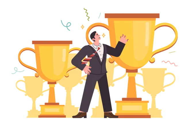 Businessman with award cups received for victories in professional competitions and competitions  Illustration