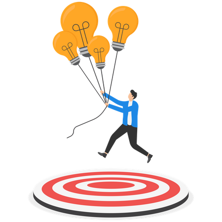 Businessman with balloons down to reach target circle  Illustration