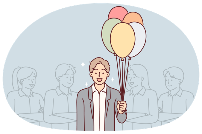 Businessman with balloons standing near colleagues congratulating boss on birthday  Illustration