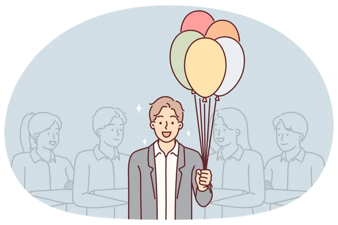 Businessman with balloons standing near colleagues congratulating boss on birthday  Illustration