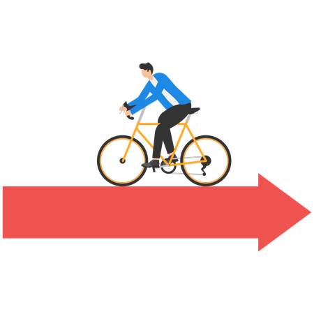 Businessman with Bicycle walking on arrow in wrong opposite direction of trend arrow  イラスト