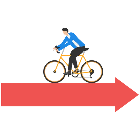 Businessman with Bicycle walking on arrow in wrong opposite direction of trend arrow  イラスト